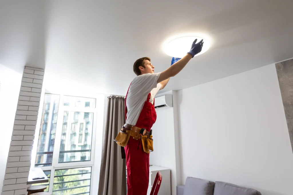 young-man-installing-ceiling-lamp-on-stepladder-in-2025-01-10-02-24-21-utc